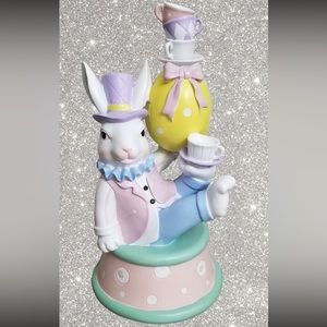 Mad Hatter Easter Spring Pastel Bunny Egg Balancing Teacups  New Figure